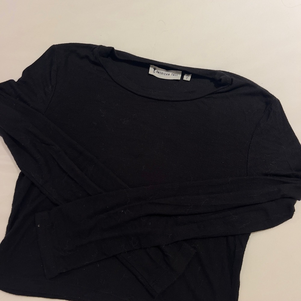 American Tall Womens Ribbed Long Sleeve Crew Neck Top Black XS Tall Extra Long‎